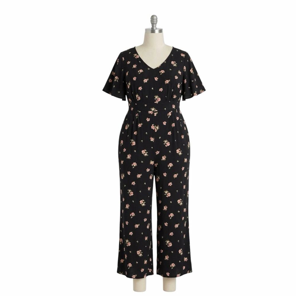TORRID Black Floral Flutter Sleeve Jumpsuit Plus Size 1 V-Neck Wide Leg Boho